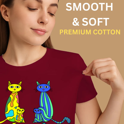 PAINTZSTORIES Four cats Unisex Cotton Round Neck T-Shirt | Modern Stylish Regular Fit Tee for Men & Women – Soft & Breathable Fabric, Casual Wear, Easy Care, Straight Hem, Comfortable Everyday Fit