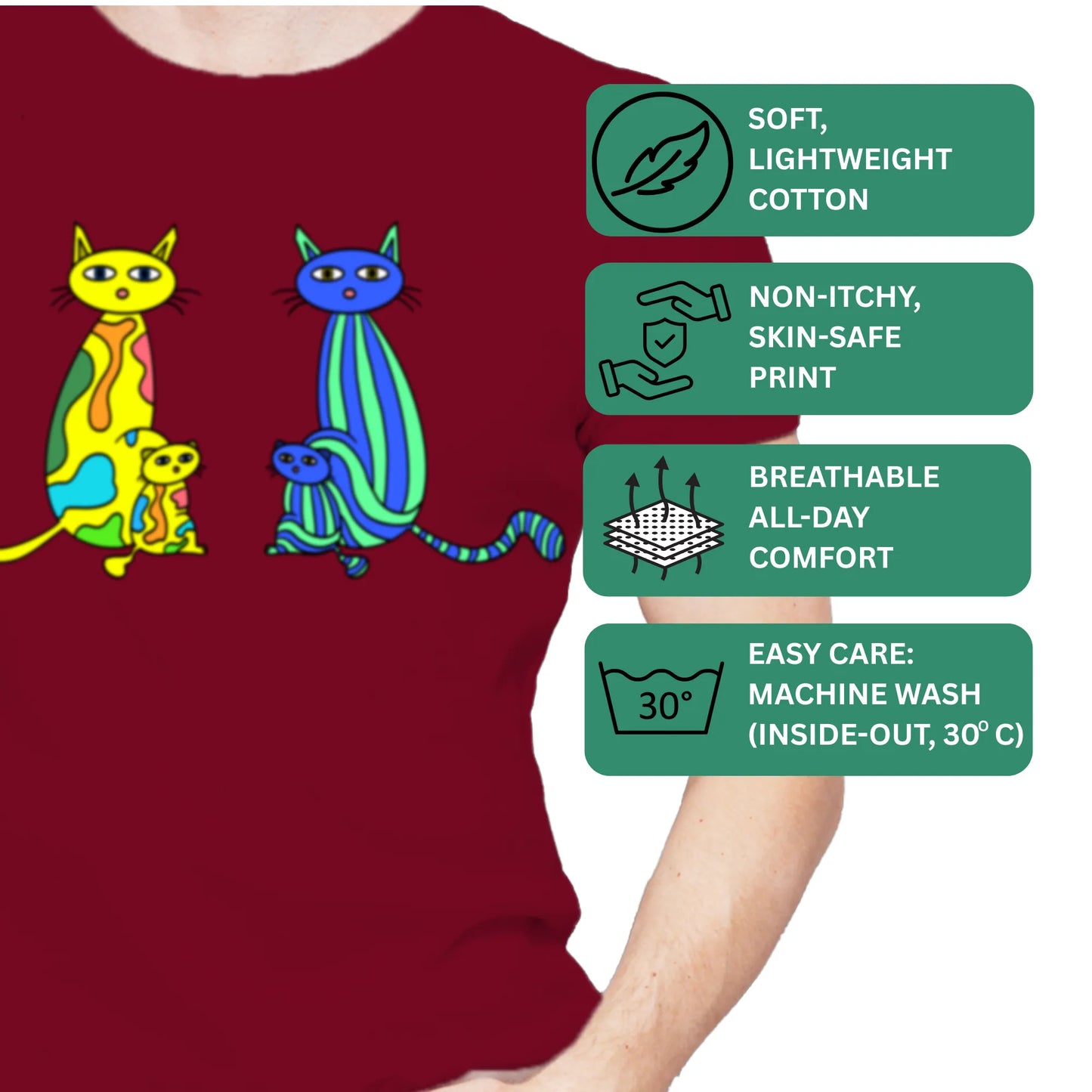 PAINTZSTORIES Four cats Unisex Cotton Round Neck T-Shirt | Modern Stylish Regular Fit Tee for Men & Women – Soft & Breathable Fabric, Casual Wear, Easy Care, Straight Hem, Comfortable Everyday Fit