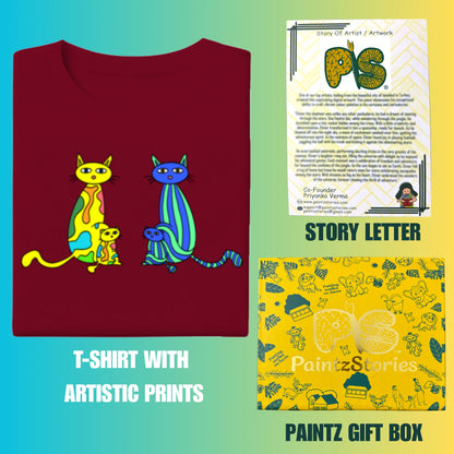 PAINTZSTORIES Four cats Unisex Cotton Round Neck T-Shirt | Modern Stylish Regular Fit Tee for Men & Women – Soft & Breathable Fabric, Casual Wear, Easy Care, Straight Hem, Comfortable Everyday Fit