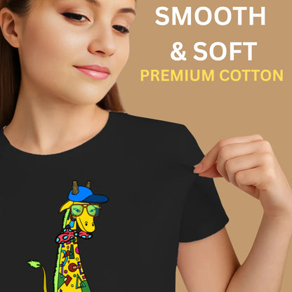 PAINTZSTORIES Giraffe with bow tie Unisex Cotton Round Neck T-Shirt | Modern Stylish Regular Fit Tee for Men & Women – Soft & Breathable Fabric, Casual Daily Wear, Easy Care, Comfortable Everyday Fit