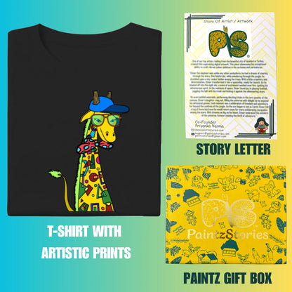PAINTZSTORIES Giraffe with bow tie Unisex Cotton Round Neck T-Shirt | Modern Stylish Regular Fit Tee for Men & Women – Soft & Breathable Fabric, Casual Daily Wear, Easy Care, Comfortable Everyday Fit