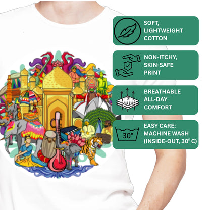PAINTZSTORIES India's Rich Culture Unisex Cotton Round Neck T-Shirt | Modern Stylish Regular Fit Tee for Men & Women–Soft & Breathable Fabric, Casual Daily Wear, Straight Hem, Comfortable Everyday Fit