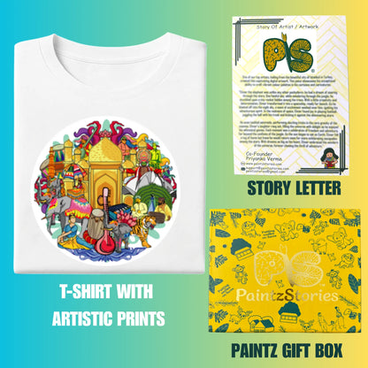 PAINTZSTORIES India's Rich Culture Unisex Cotton Round Neck T-Shirt | Modern Stylish Regular Fit Tee for Men & Women–Soft & Breathable Fabric, Casual Daily Wear, Straight Hem, Comfortable Everyday Fit