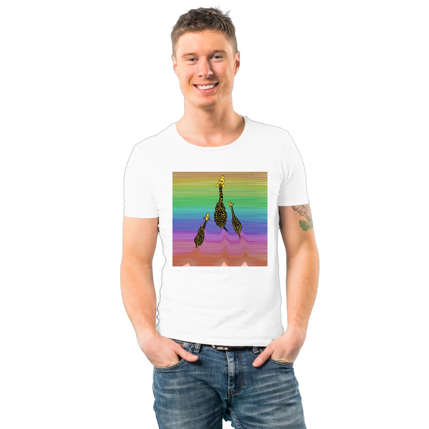 PAINTZSTORIES Three giraffes Unisex Cotton Round Neck T-Shirt | Modern Stylish Regular Fit Tee for Men & Women – Soft & Breathable Fabric, Casual Daily Wear, Straight Hem, Comfortable Everyday Fit