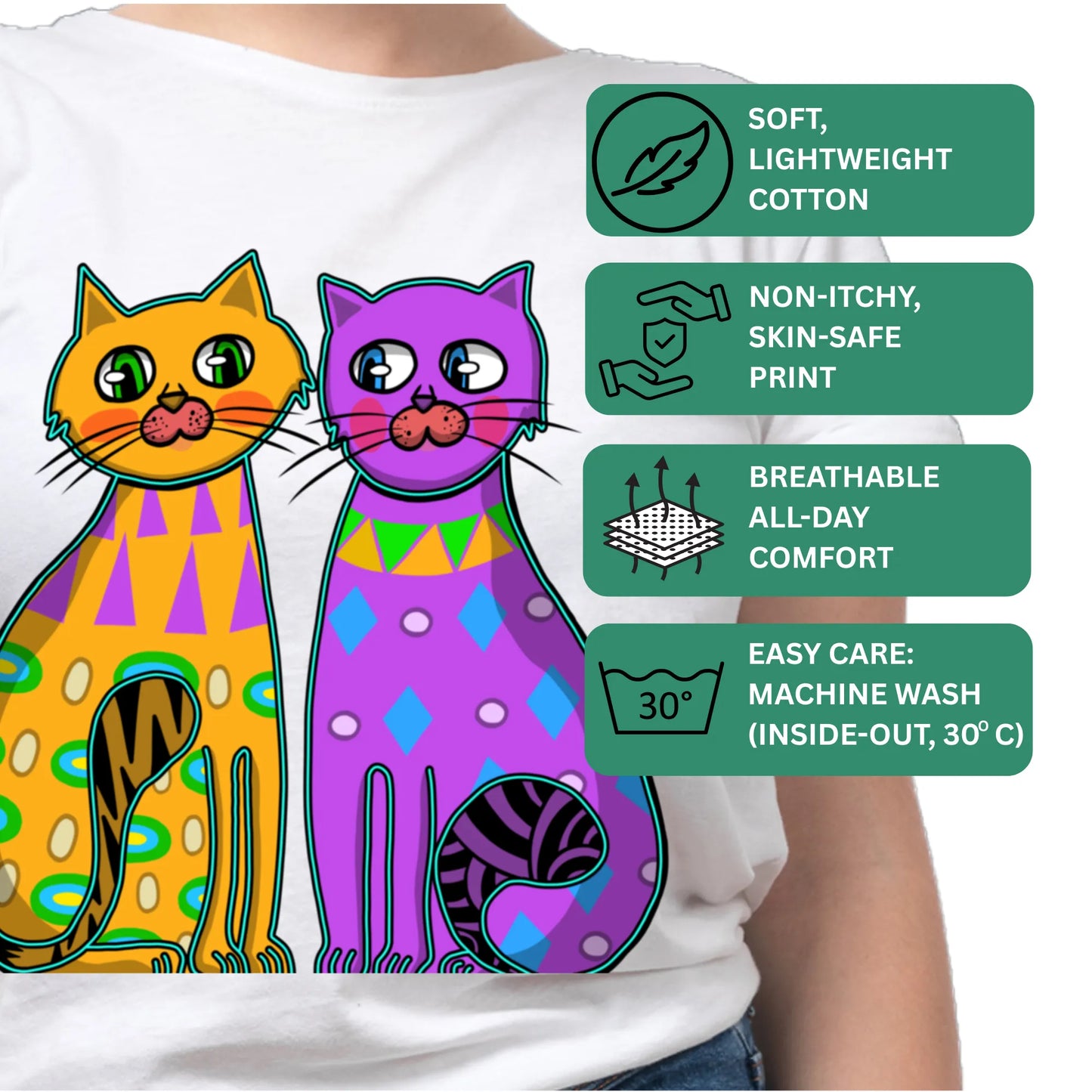 PAINTZSTORIES Two fancy cats Unisex Cotton Round Neck T-Shirt | Modern Stylish Regular Fit Tee for Men & Women – Soft & Breathable Fabric, Casual Daily Wear, Straight Hem, Comfortable Everyday Fit