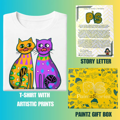 PAINTZSTORIES Two fancy cats Unisex Cotton Round Neck T-Shirt | Modern Stylish Regular Fit Tee for Men & Women – Soft & Breathable Fabric, Casual Daily Wear, Straight Hem, Comfortable Everyday Fit