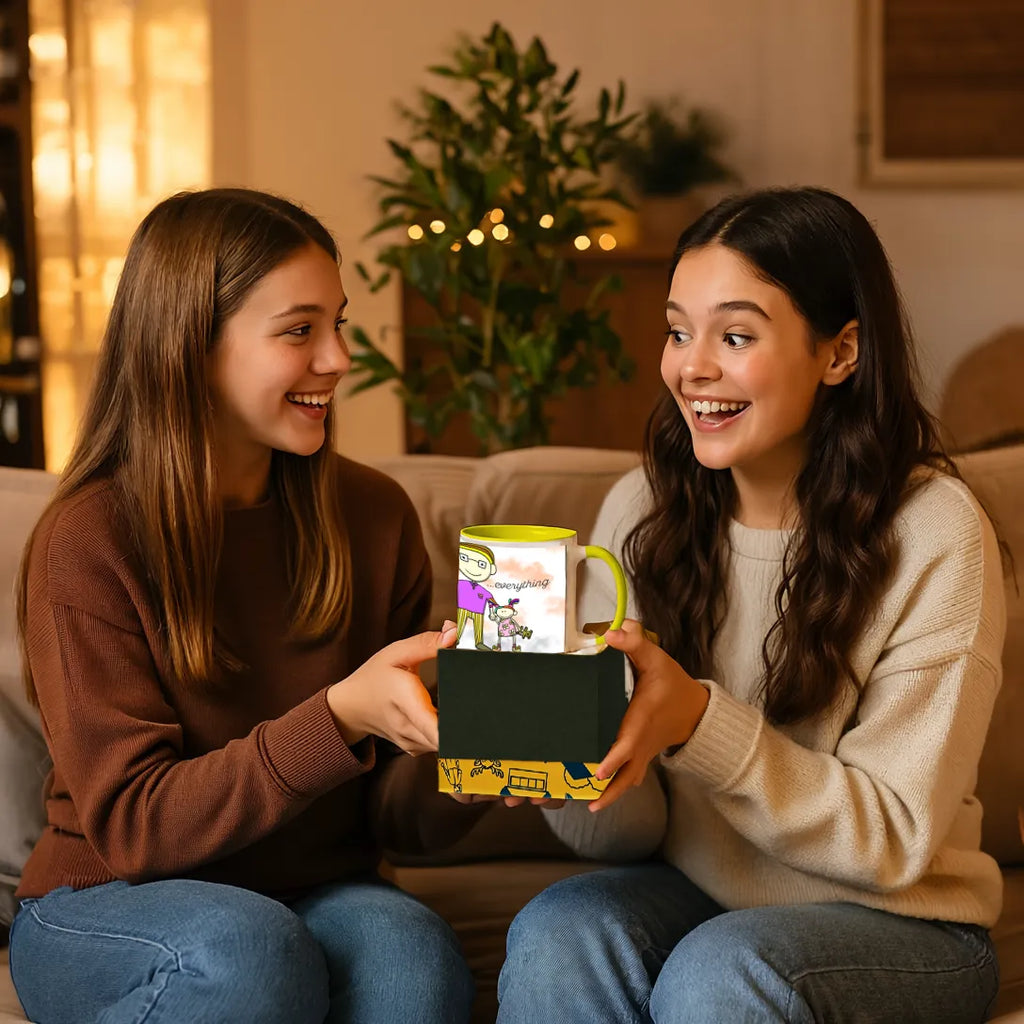 Girls exchanging Joyful Family mug as a gift