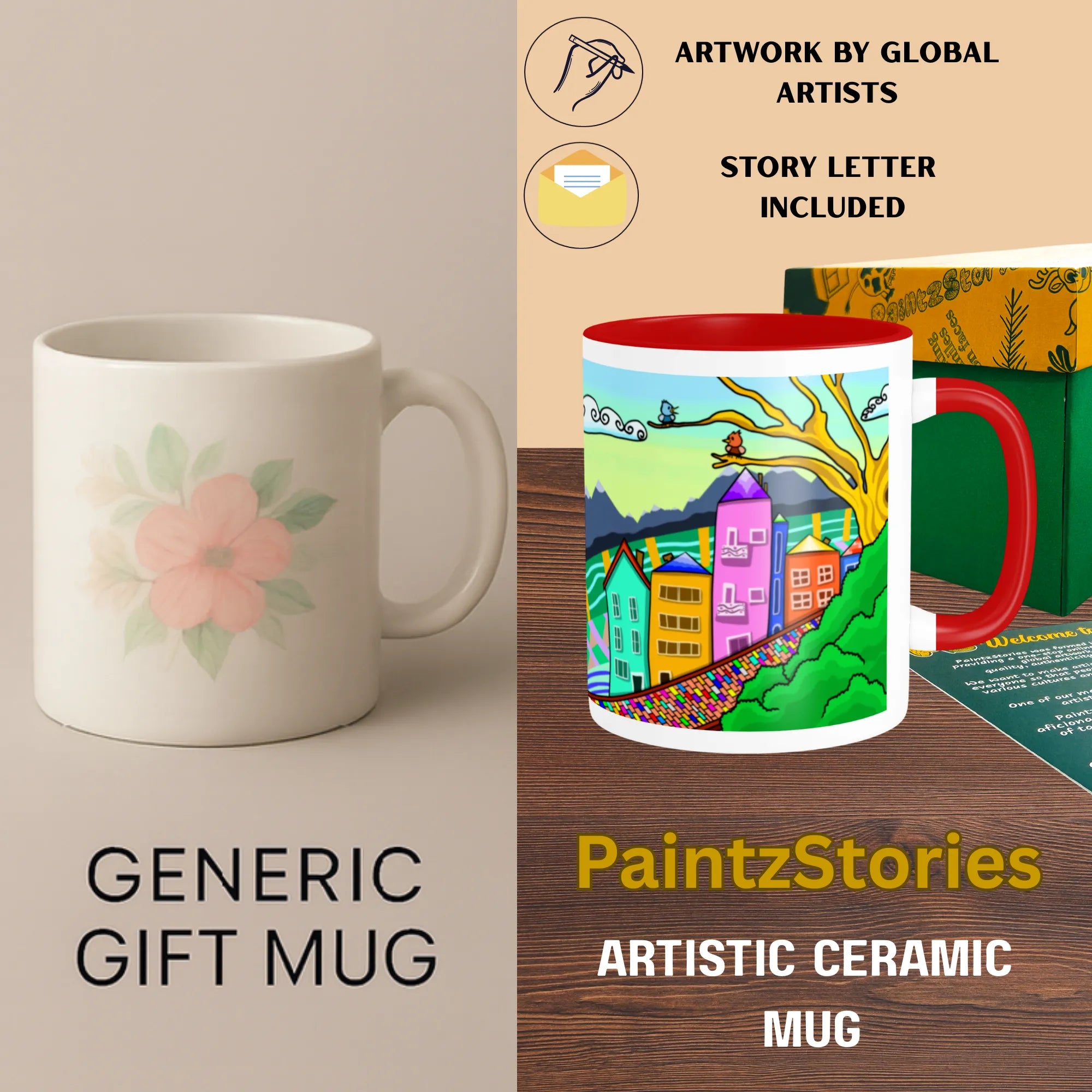 Lovely Town artistic mug compared with generic mug
