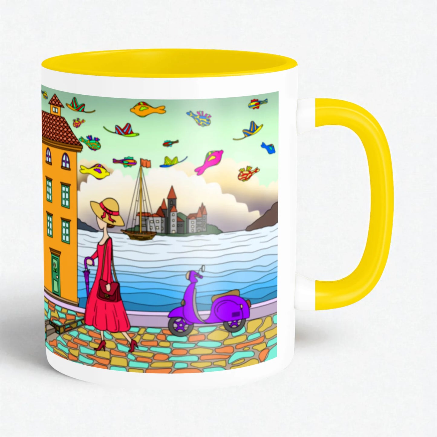 PAINTZSTORIES A Walking Lady Artistic Ceramic Coffee Mug with Digital Print by Global Artists | Durable Ceramic Cup for Coffee, Tea & Cold Beverages | Printed Mug for Birthday Gift | 350ml