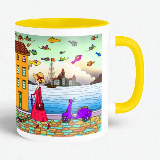 PAINTZSTORIES A Walking Lady Artistic Ceramic Coffee Mug with Digital Print by Global Artists | Durable Ceramic Cup for Coffee, Tea & Cold Beverages | Printed Mug for Birthday Gift | 350ml