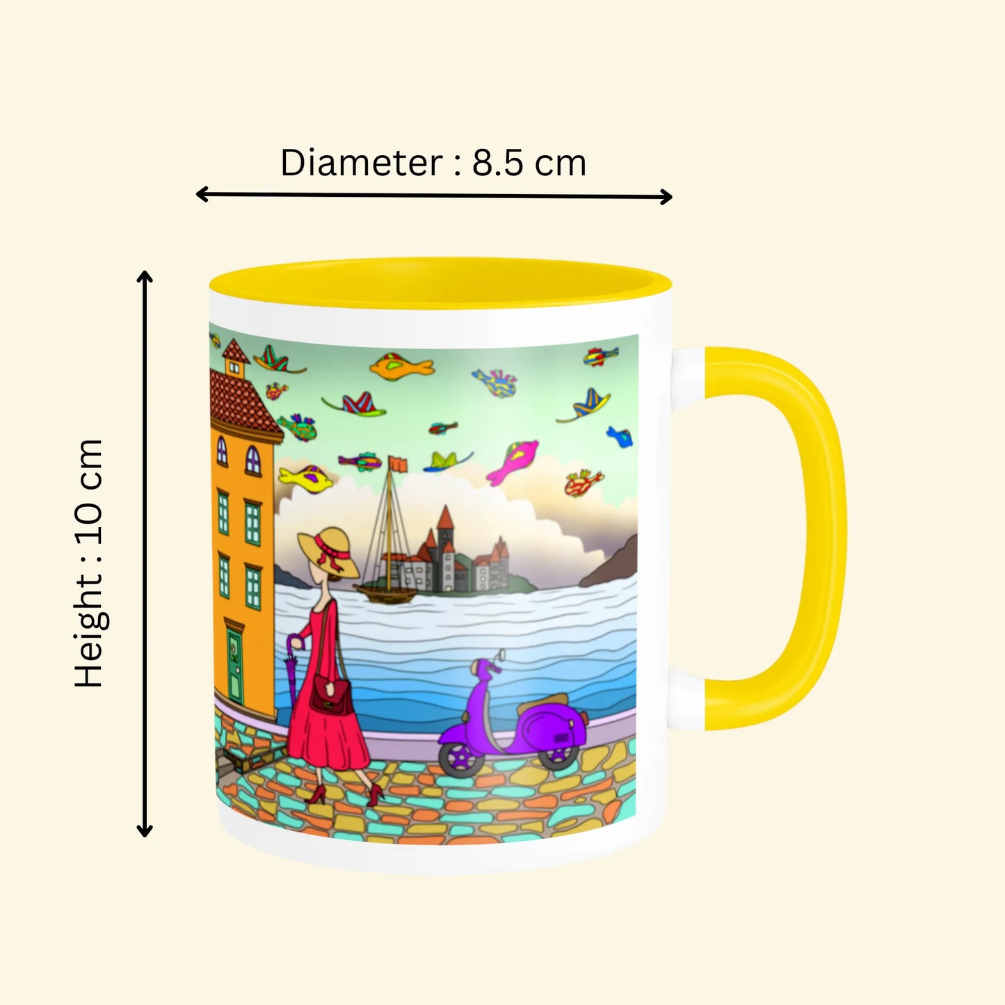 PAINTZSTORIES A Walking Lady Artistic Ceramic Coffee Mug with Digital Print by Global Artists | Durable Ceramic Cup for Coffee, Tea & Cold Beverages | Printed Mug for Birthday Gift | 350ml