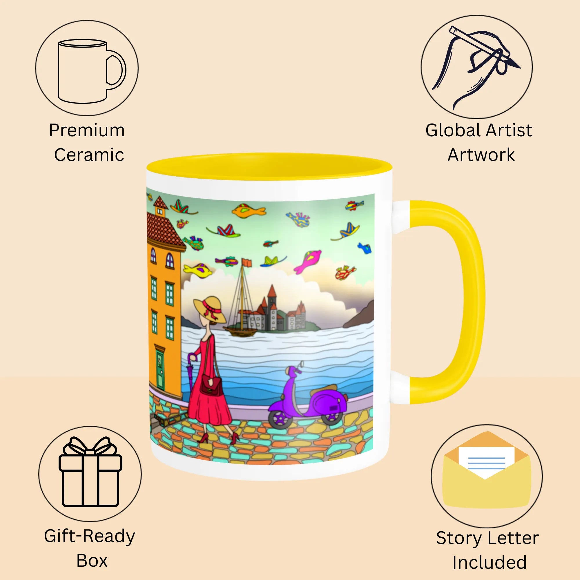 Features of Walking Lady printed coffee mug