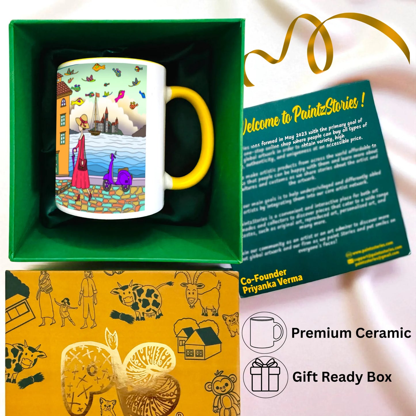 PAINTZSTORIES A Walking Lady Artistic Ceramic Coffee Mug with Digital Print by Global Artists | Durable Ceramic Cup for Coffee, Tea & Cold Beverages | Printed Mug for Birthday Gift | 350ml