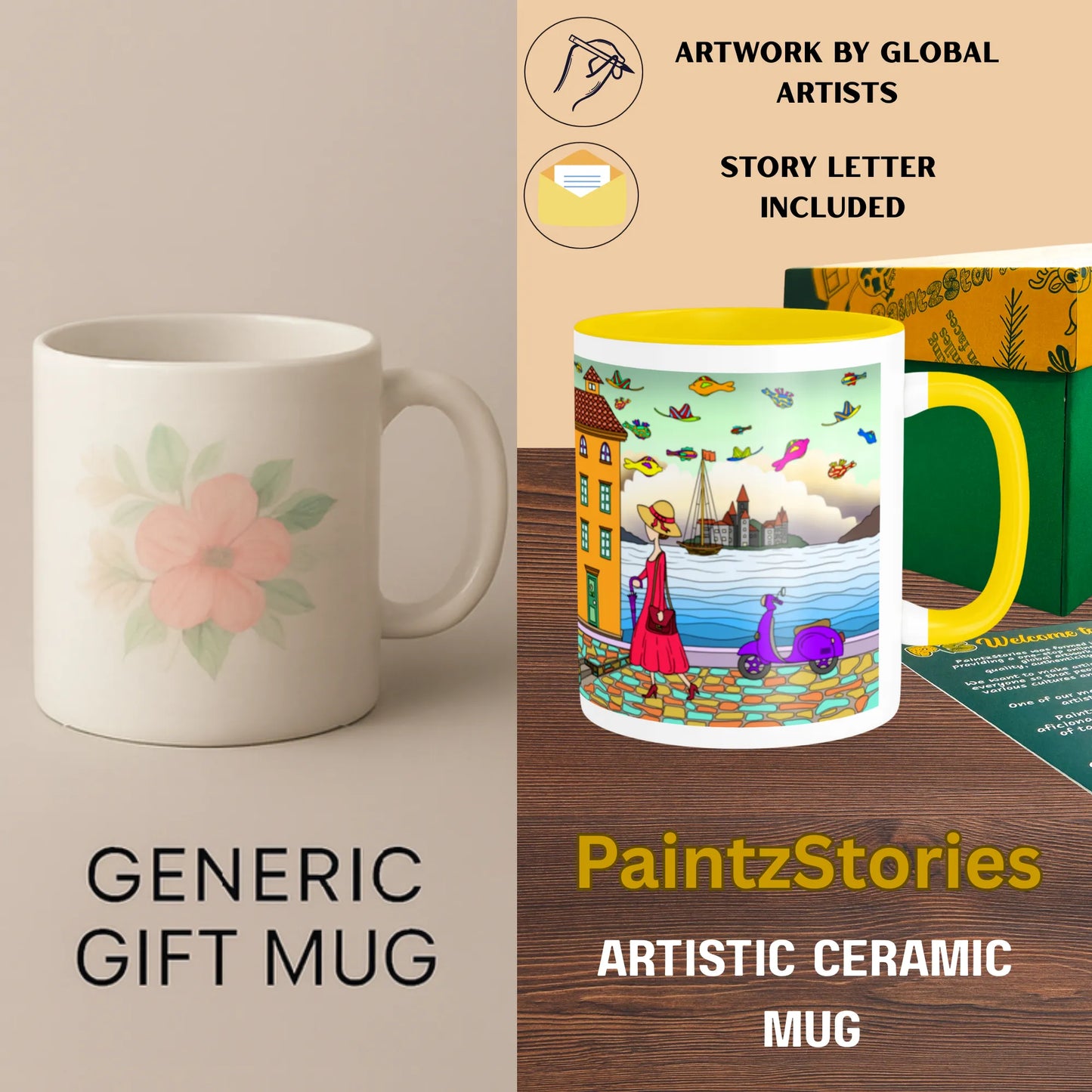 PAINTZSTORIES A Walking Lady Artistic Ceramic Coffee Mug with Digital Print by Global Artists | Durable Ceramic Cup for Coffee, Tea & Cold Beverages | Printed Mug for Birthday Gift | 350ml