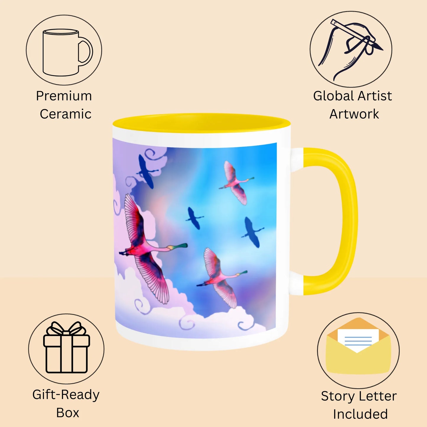 PAINTZSTORIES Birds in Sky Artistic Ceramic Coffee Mug with Digital Print by Global Artists | Durable Ceramic Cup for Coffee, Tea & Cold Beverages | Printed Mug for Birthday Gift | 350ml