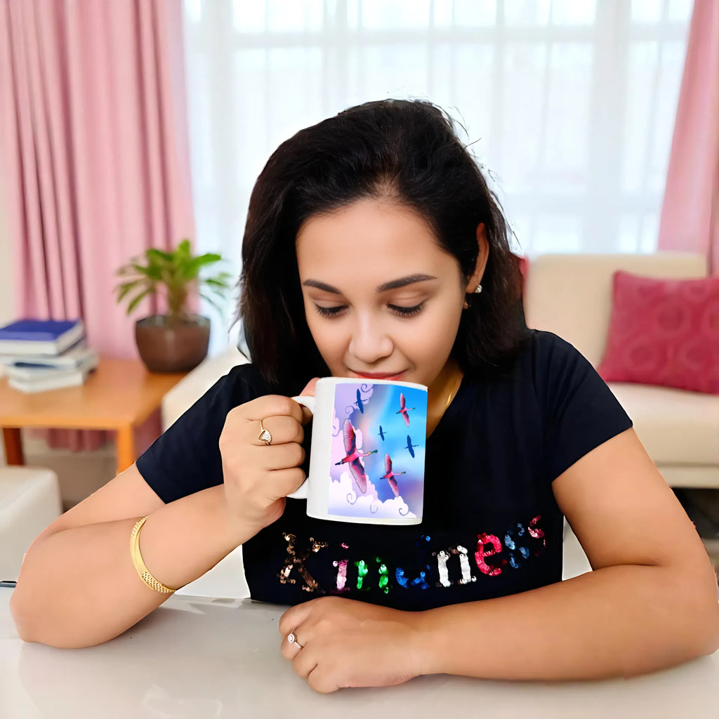 Woman holding Birds in Sky artistic mug