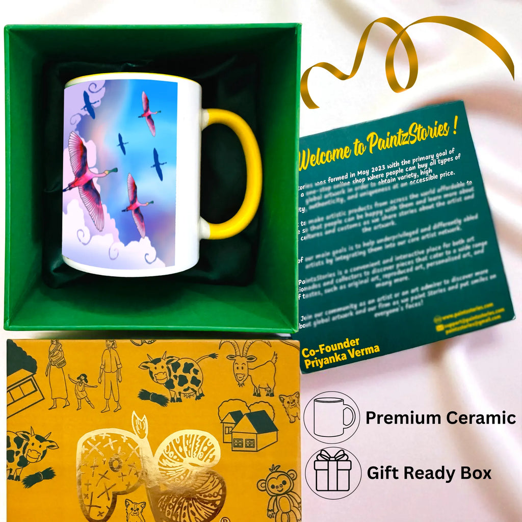 Birds in Sky mug inside gift box