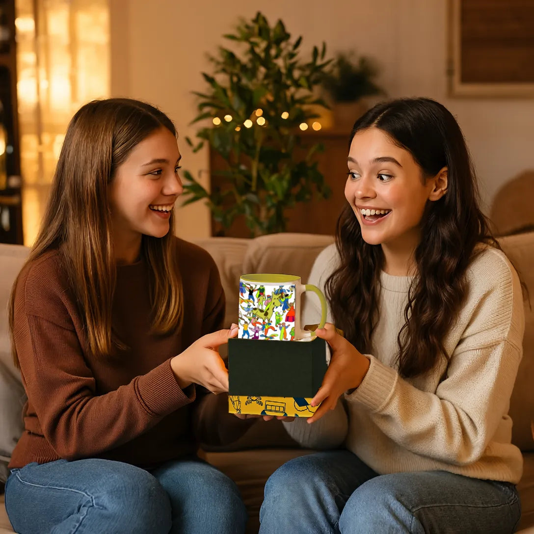 Girls exchanging Celebrating Diversity mug as a gift