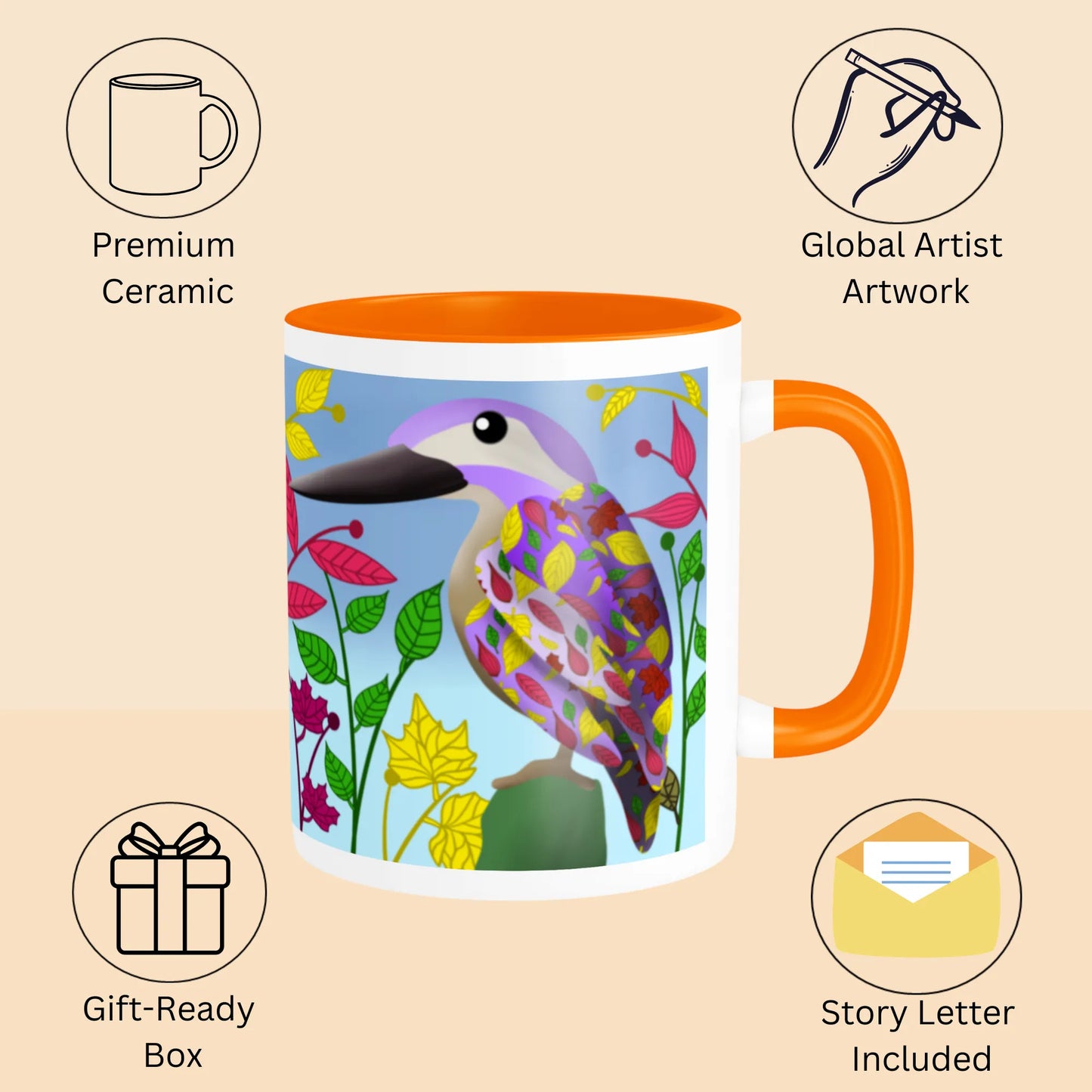 PAINTZSTORIES Colourful Kingfisher Artistic Ceramic Coffee Mug with Digital Print by Global Artists | Durable Ceramic Cup for Coffee, Tea & Cold Beverages | Printed Mug for Birthday Gift | 350ml