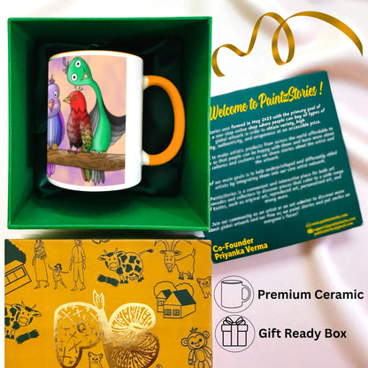 Five Colourful Birds mug gift packaging contents