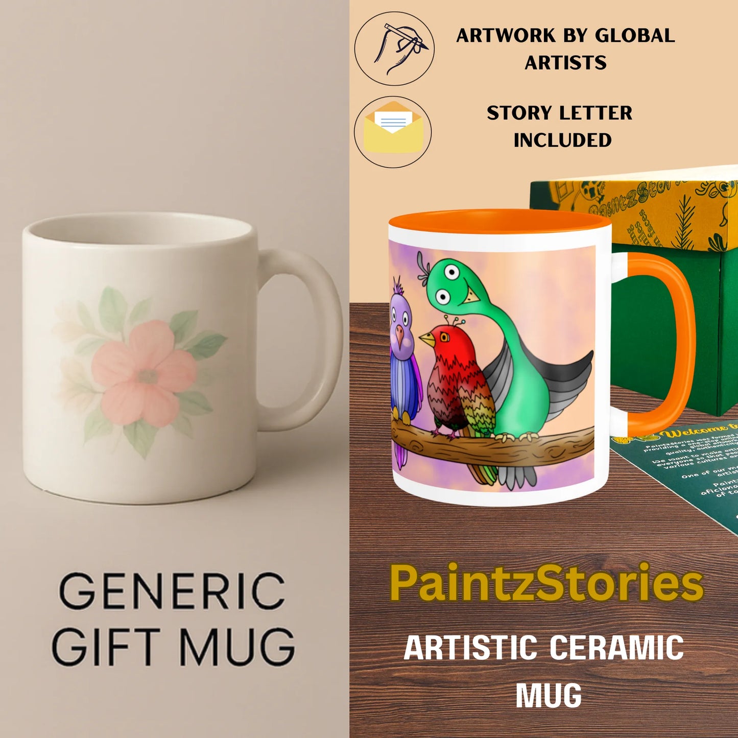 PAINTZSTORIES Five Colourful Birds Artistic Ceramic Coffee Mug with Digital Print by Global Artists | Durable Ceramic Cup for Coffee, Tea & Cold Beverages | Printed Mug for Birthday Gift | 350ml