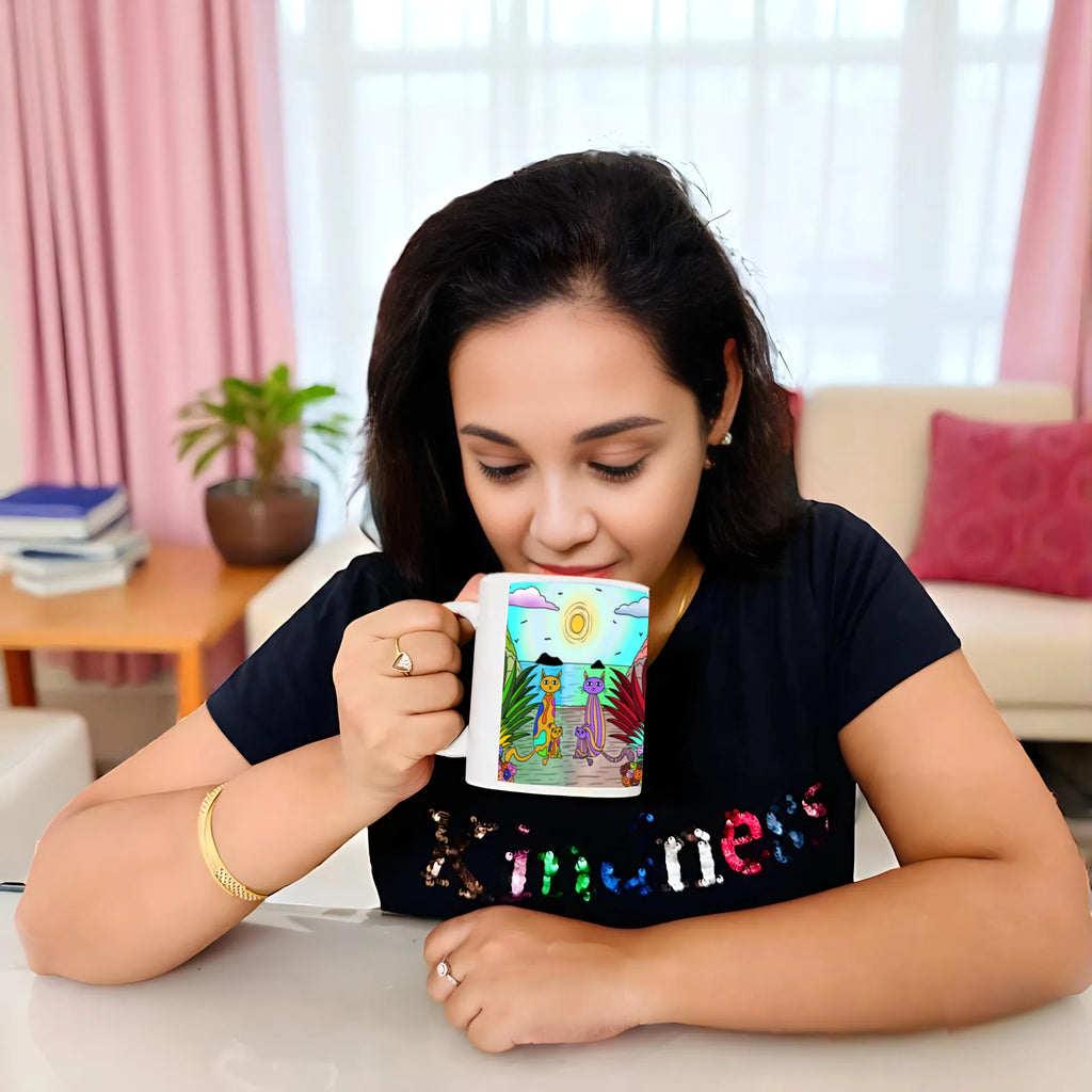 Woman holding Four Cats artistic mug