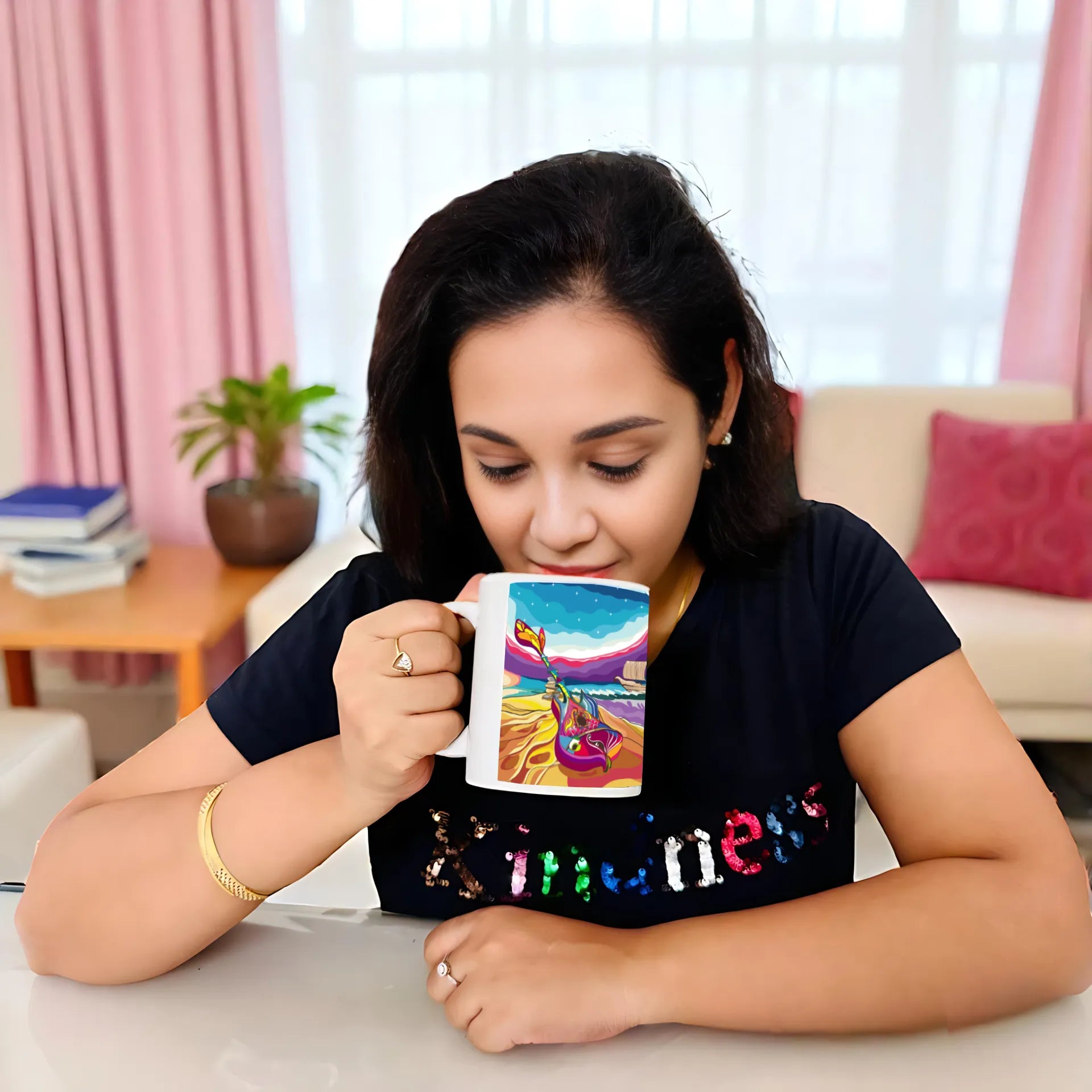 Woman holding Harmonious Melodies artistic mug