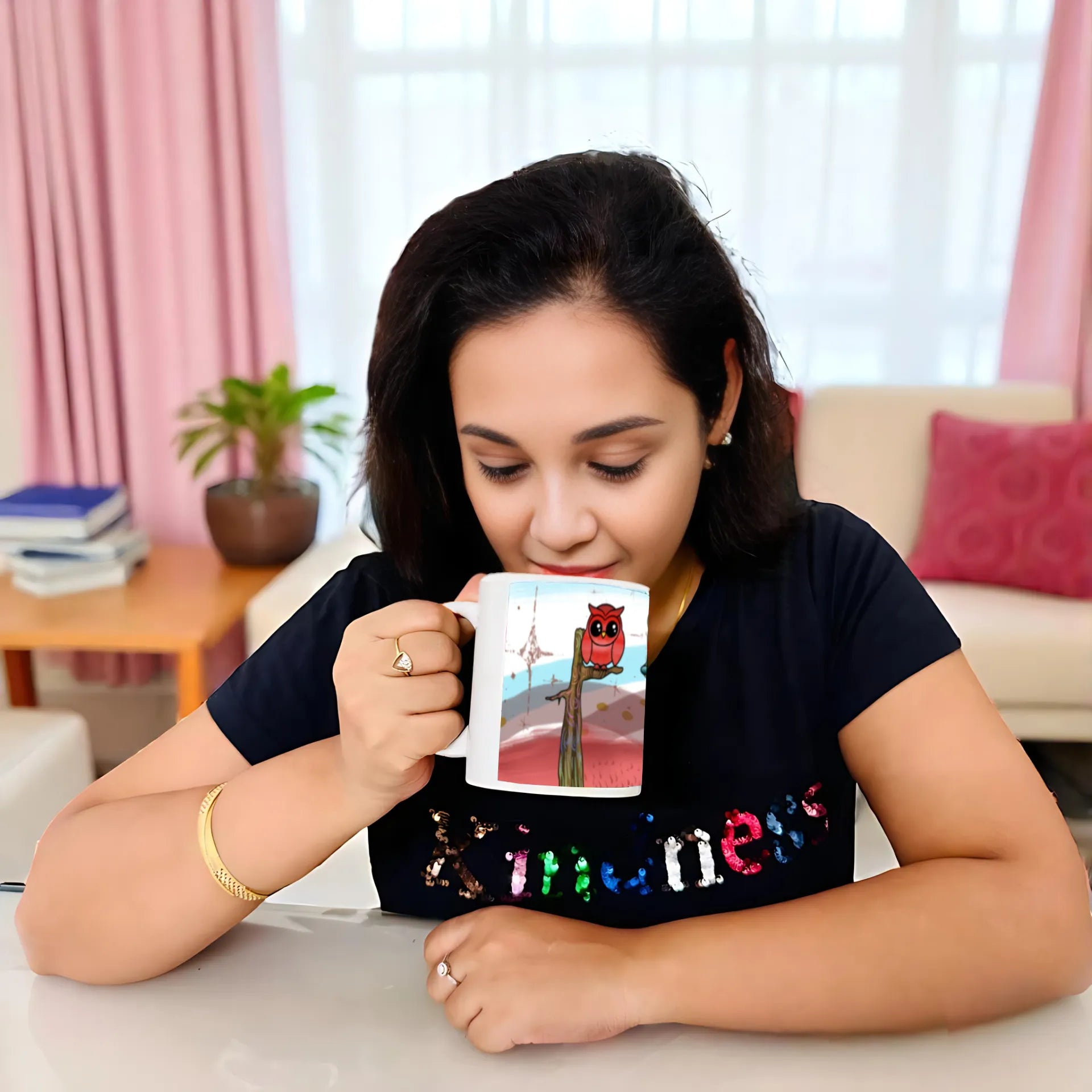 Woman holding Owl and Deer artistic mug