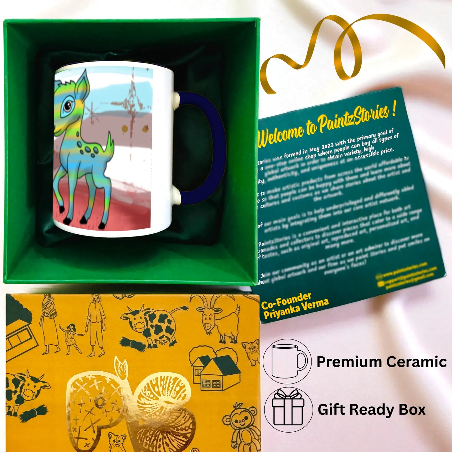 PAINTZSTORIES Owl and Deer Artistic Ceramic Coffee Mug with Digital Print by Global Artists | Durable Ceramic Cup for Coffee, Tea & Cold Beverages | Printed Mug for Birthday Gift | 350ml