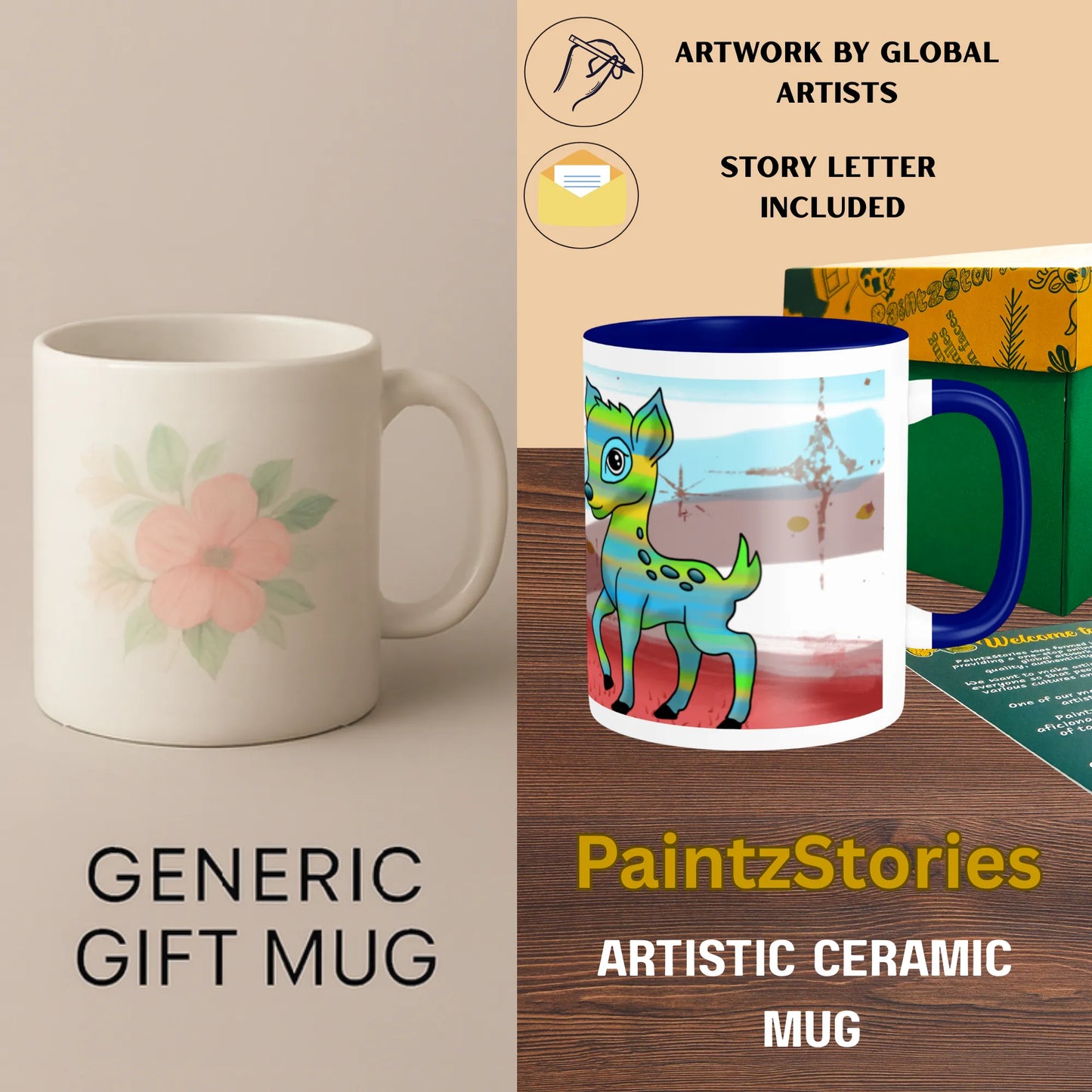 PAINTZSTORIES Owl and Deer Artistic Ceramic Coffee Mug with Digital Print by Global Artists | Durable Ceramic Cup for Coffee, Tea & Cold Beverages | Printed Mug for Birthday Gift | 350ml