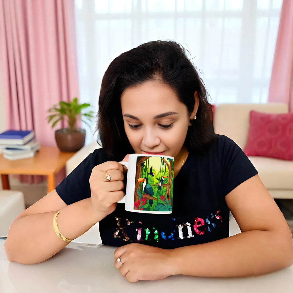Woman holding Toucan Serenity artistic mug