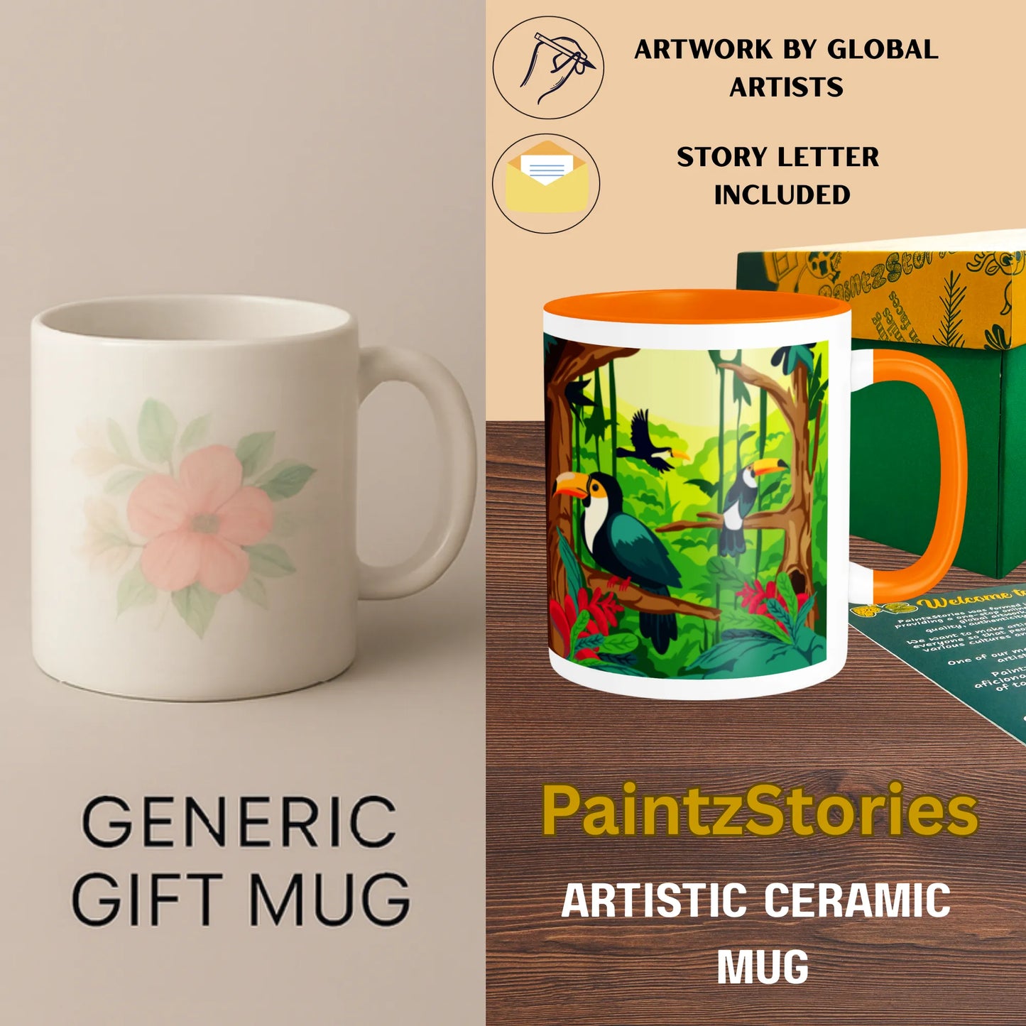 PAINTZSTORIES Toucan Serenity Artistic Ceramic Coffee Mug with Digital Print by Global Artists | Durable Ceramic Cup for Coffee, Tea & Cold Beverages | Printed Mug for Birthday Gift | 350ml