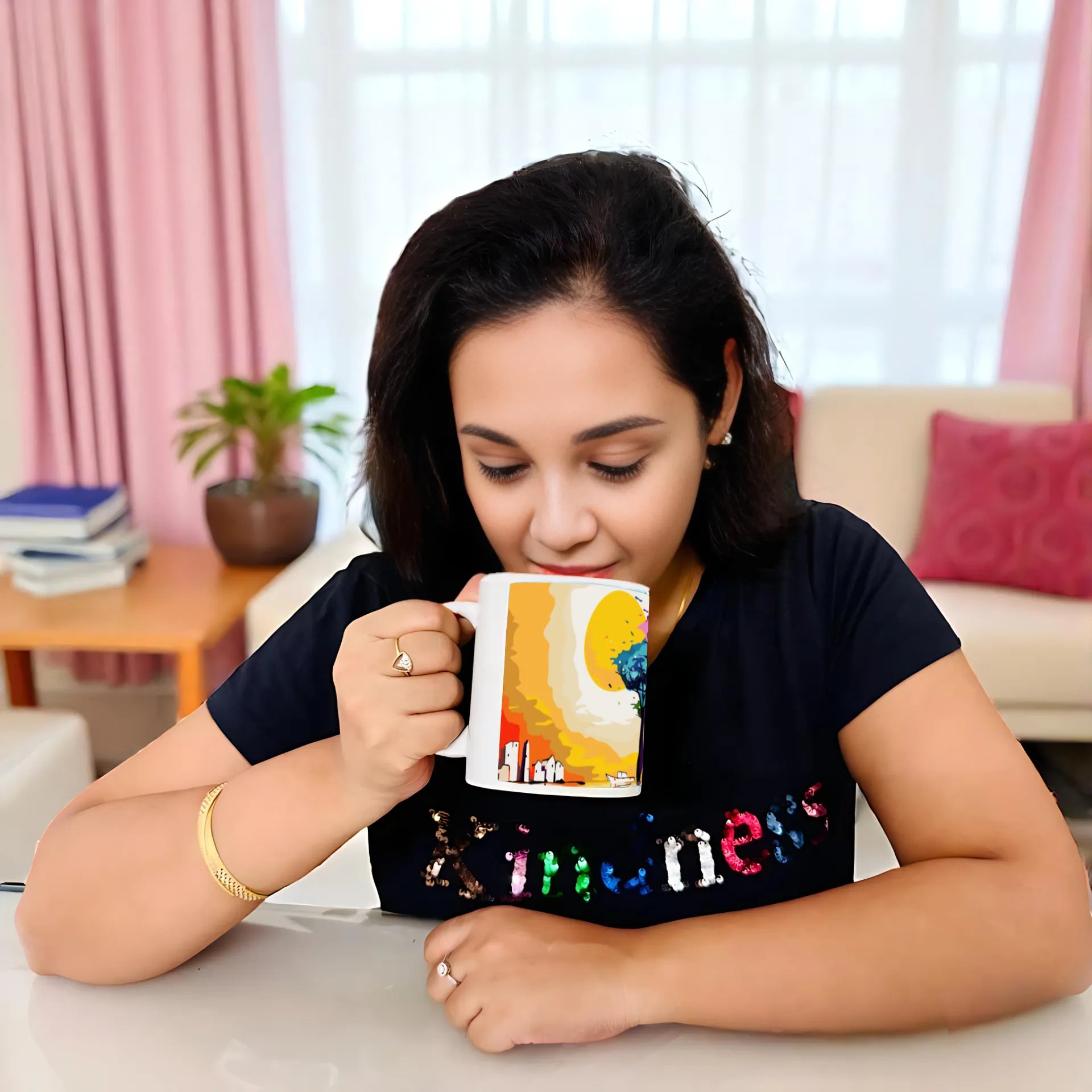 Woman holding Twilight’s Embrace artistic mug