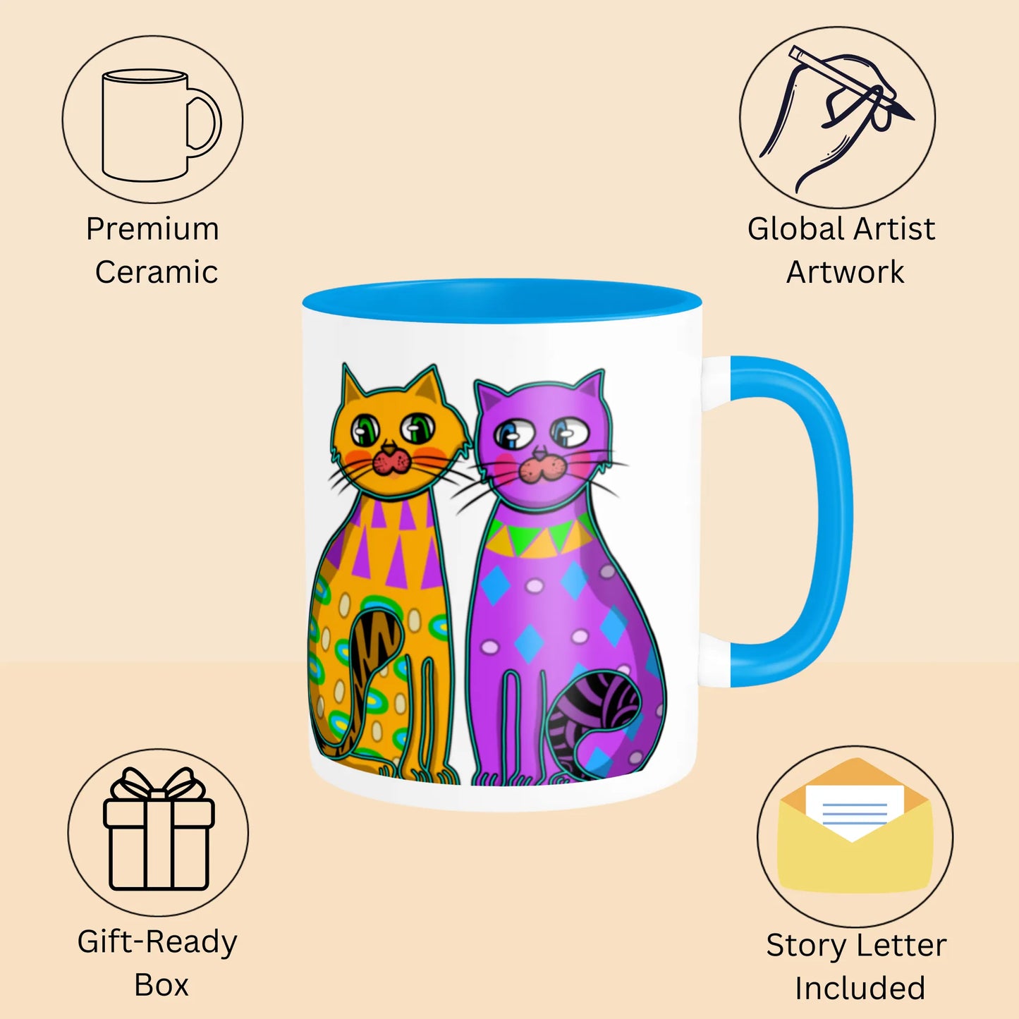 PAINTZSTORIES Two Fancy Cats Artistic Ceramic Coffee Mug with Digital Print by Global Artists | Durable Ceramic Cup for Coffee, Tea & Cold Beverages | Printed Mug for Birthday Gift | 350ml