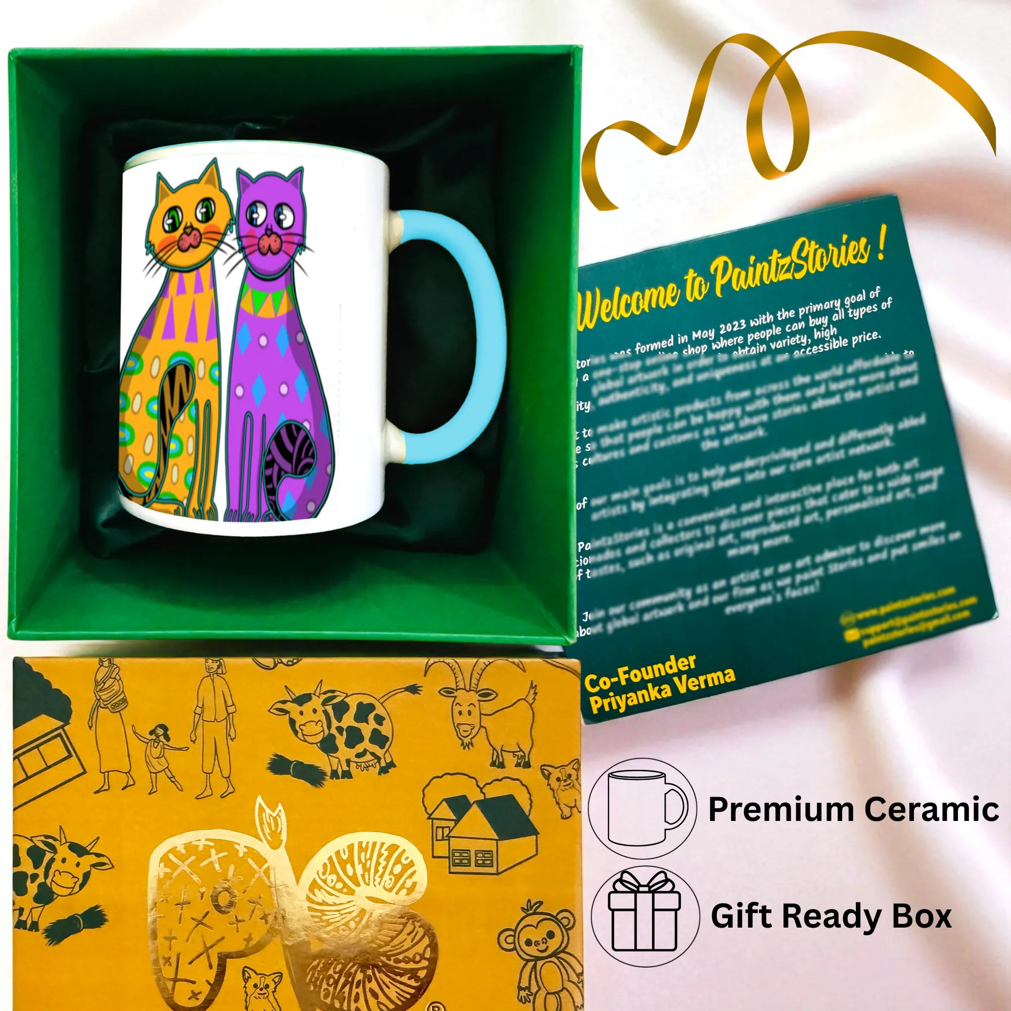 Two Fancy Cats mug gift box contents with packaging