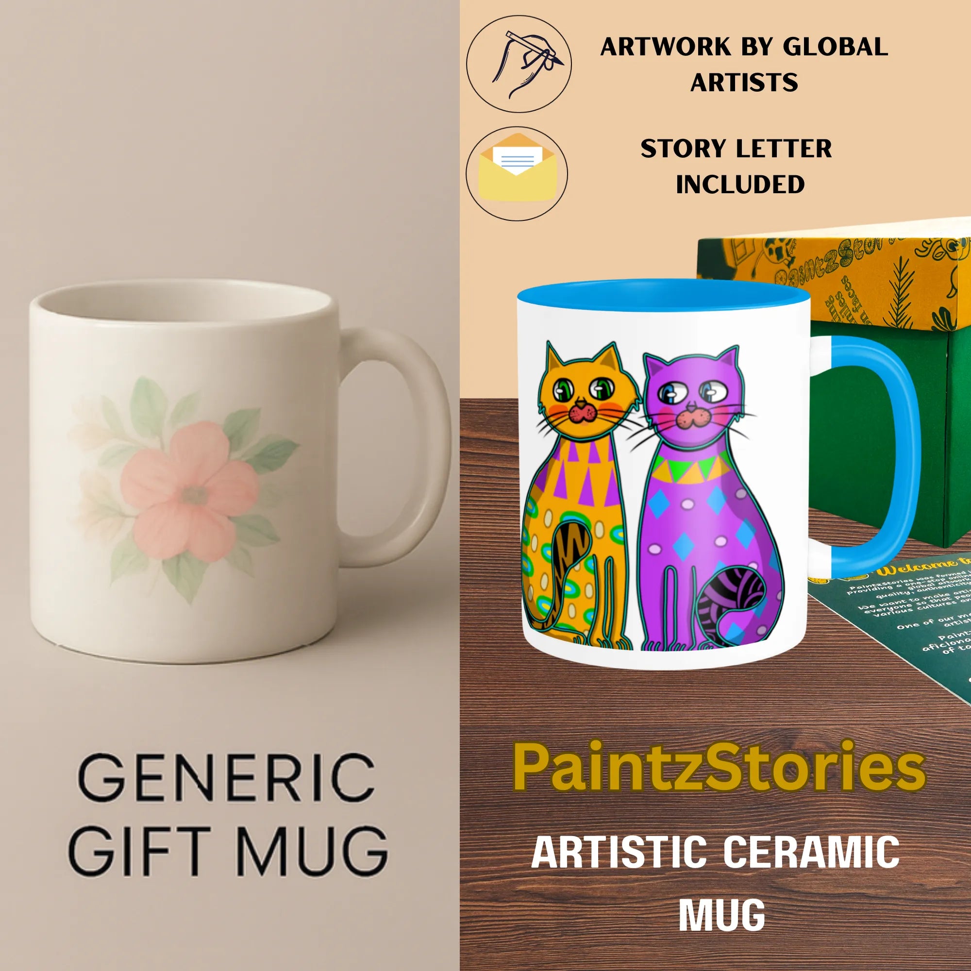 Two Fancy Cats printed mug vs regular generic mug comparison