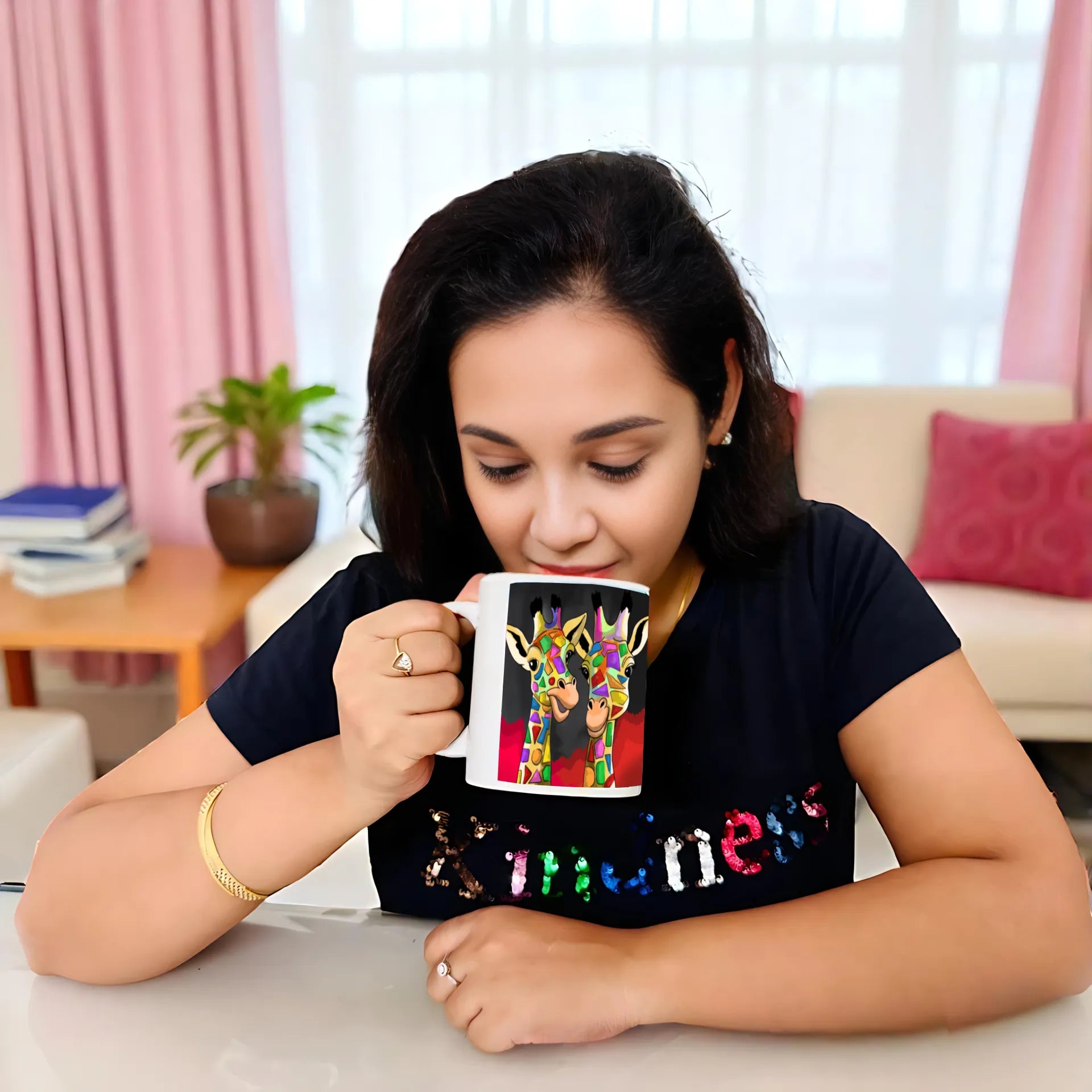 Woman holding Two Happy Giraffes artistic mug