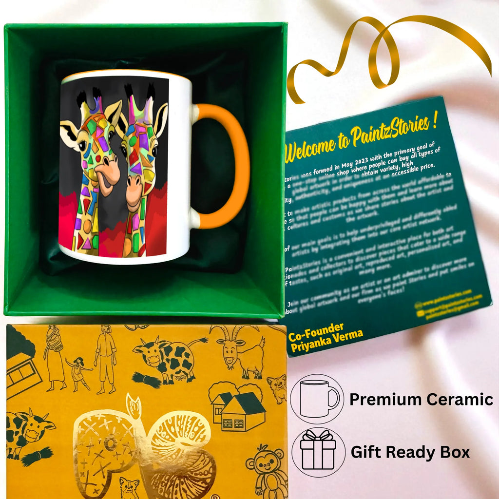 Two Happy Giraffes mug with box contents
