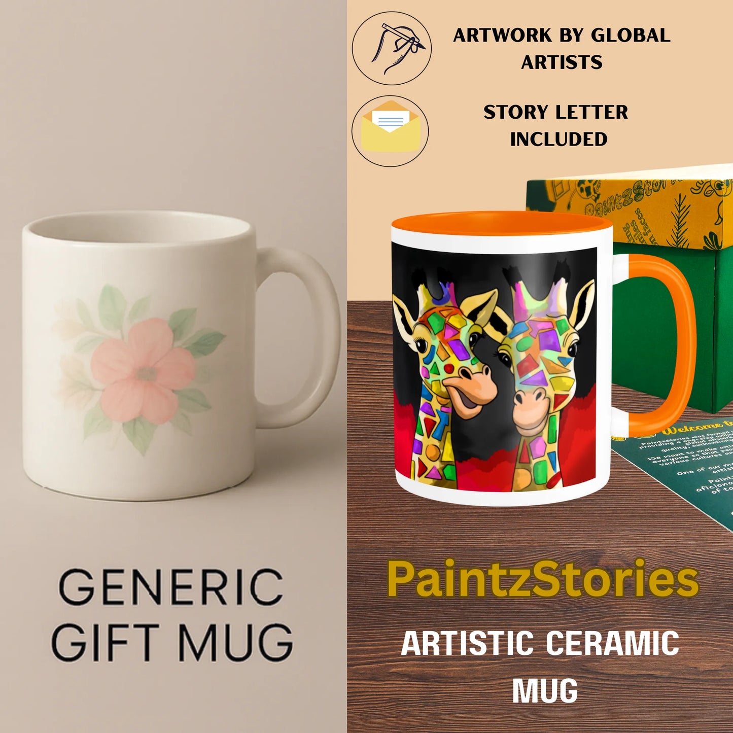 PAINTZSTORIES Two Happy Giraffes Artistic Ceramic Coffee Mug with Digital Print by Global Artists | Durable Ceramic Cup for Coffee, Tea & Cold Beverages | Printed Mug for Birthday Gift | 350ml