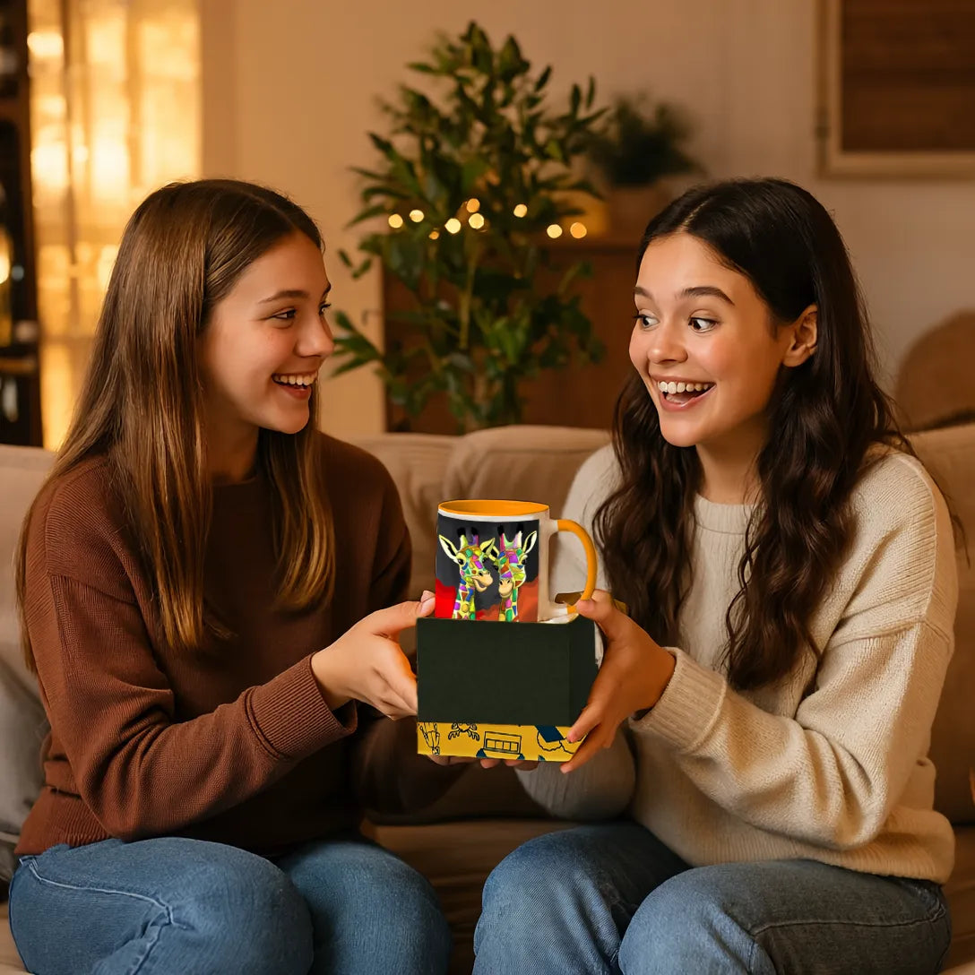 PAINTZSTORIES Two Happy Giraffes Artistic Ceramic Coffee Mug with Digital Print by Global Artists | Durable Ceramic Cup for Coffee, Tea & Cold Beverages | Printed Mug for Birthday Gift | 350ml