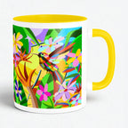 Vibrant Bird artistic ceramic coffee mug by PaintzStories for coffee and gifting