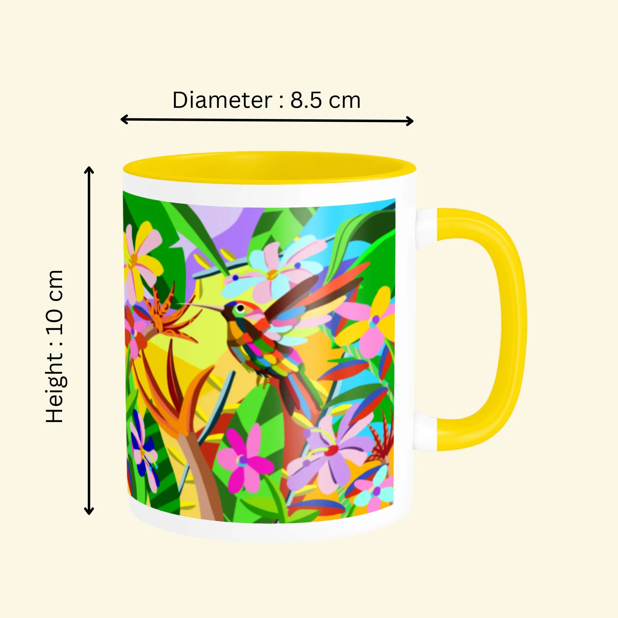 Dimensions of Vibrant Bird ceramic coffee mug showing size and capacity