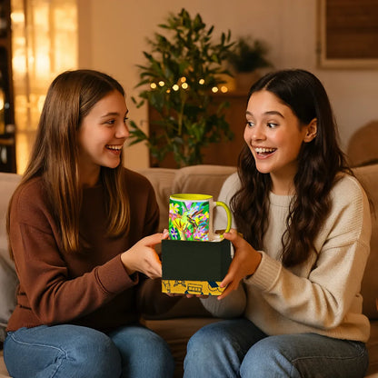 Girls exchanging Vibrant Bird artistic mug as a thoughtful gift