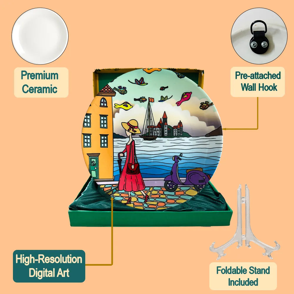 PAINTZSTORIES Decorative Wall Plate for Home Decoration | Ceramic Wall Art Plate | Wall Decor items for Living Room & Bedroom | Handmade Artwork A Walking Lady | Gift for house | 10 INCH