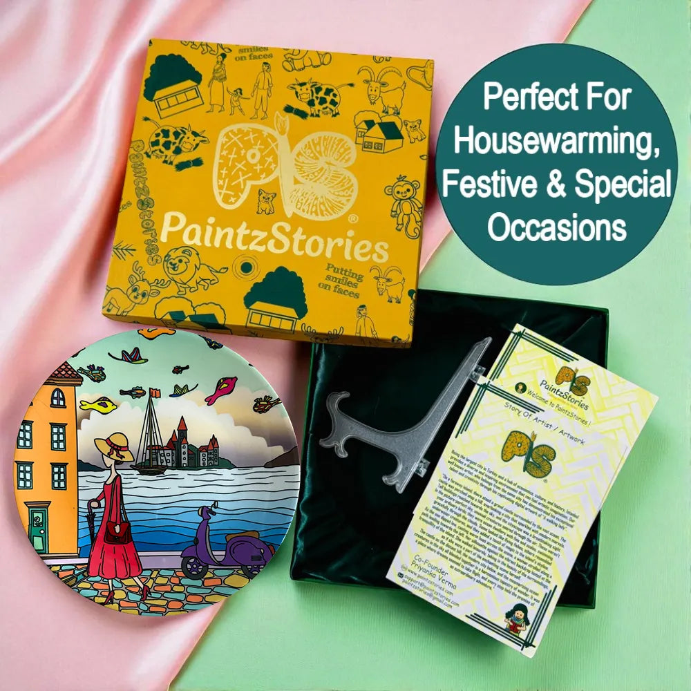 PAINTZSTORIES Decorative Wall Plate for Home Decoration | Ceramic Wall Art Plate | Wall Decor items for Living Room & Bedroom | Handmade Artwork A Walking Lady | Gift for house | 10 INCH