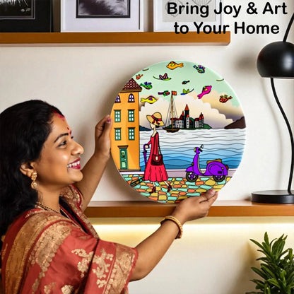 Woman holding A Walking Lady decorative plate