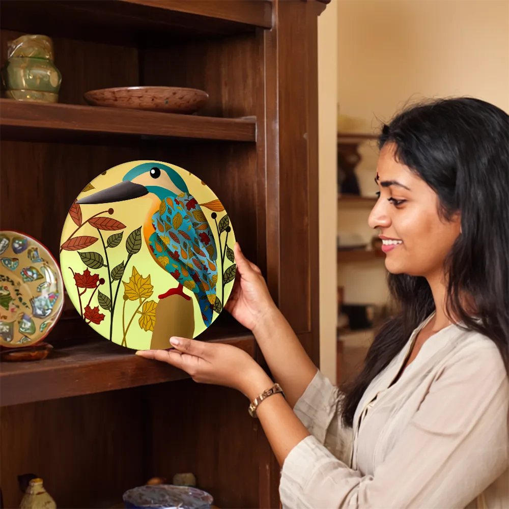 Woman showing Colourful Kingfisher plate