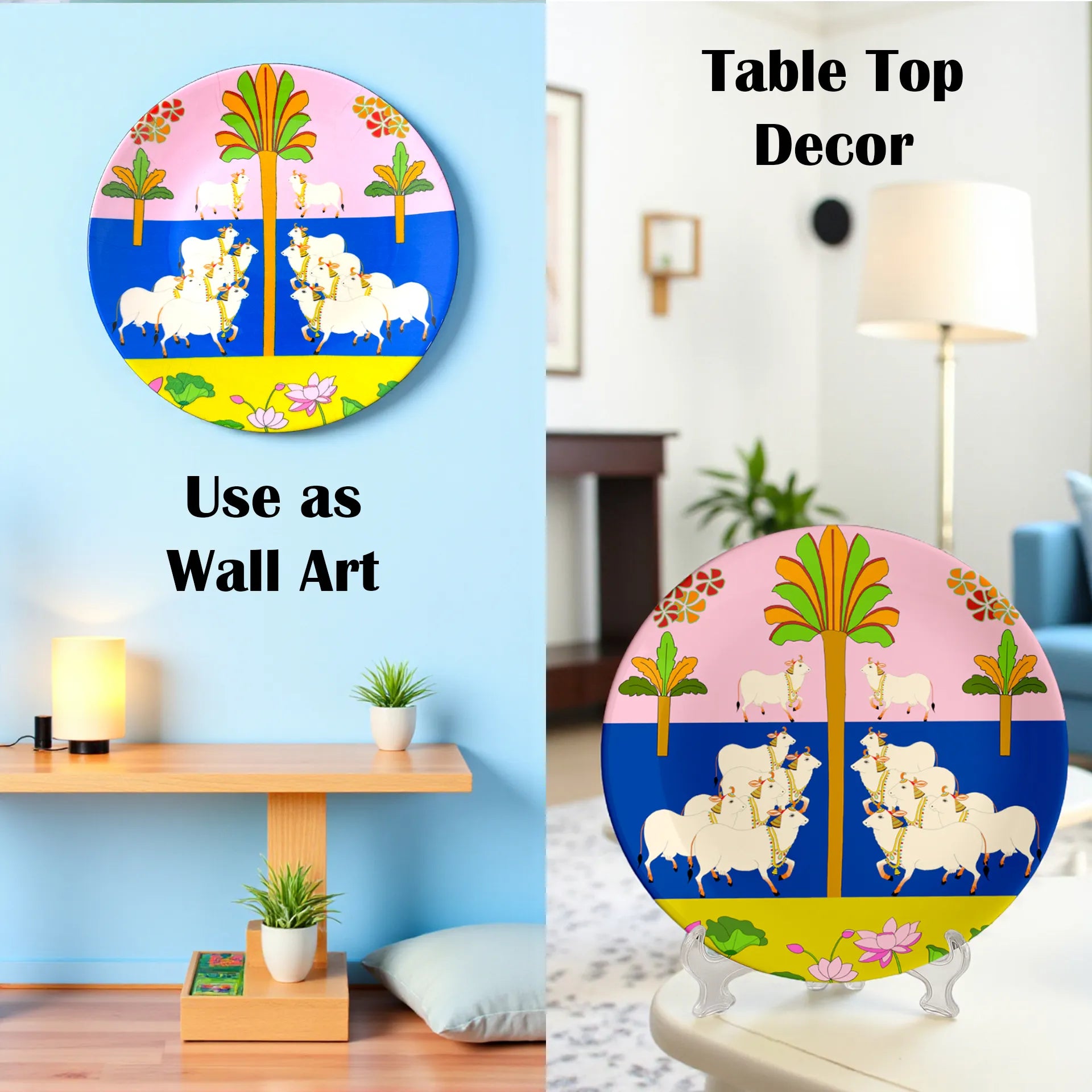 Cows in Bloom ceramic plate styled for home décor