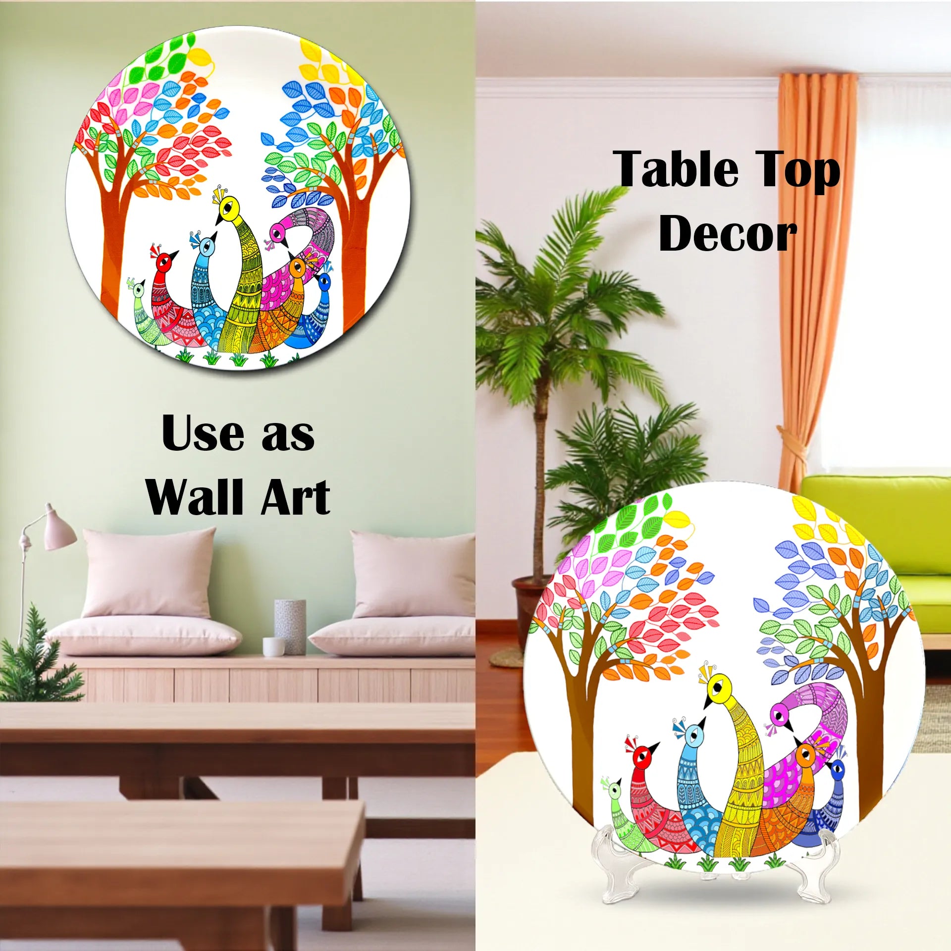 Dancing Peacocks ceramic plate styled in home décor