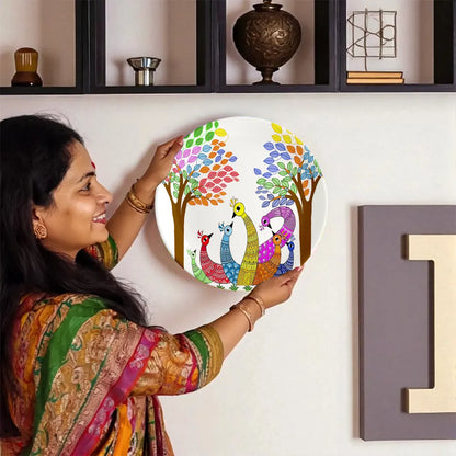 Woman displaying Dancing Peacocks plate